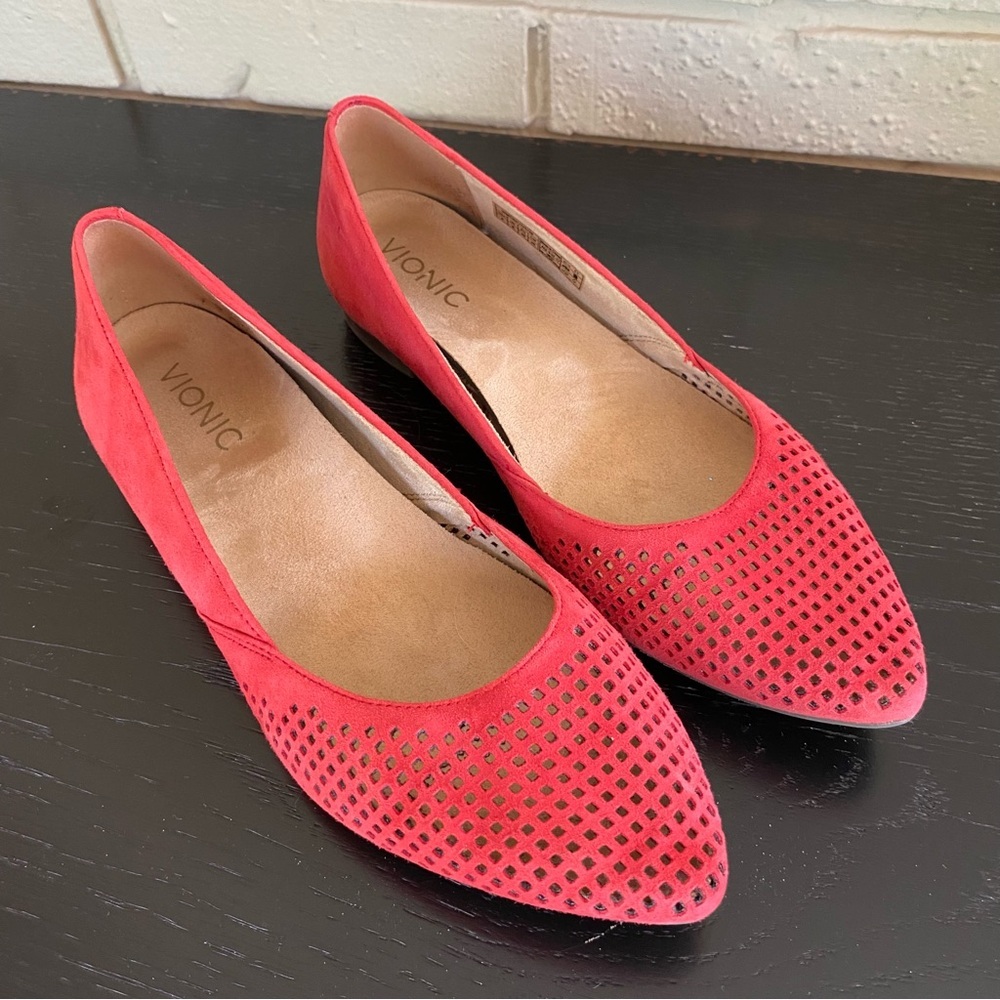 Vionic Posey Pointed Toe Flat Red Perforated Sued… - image 1